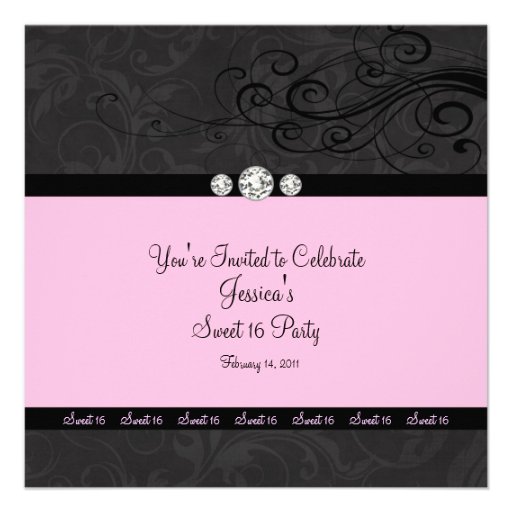 Pink Black Swirl Sweet Sixteen Party Invitations