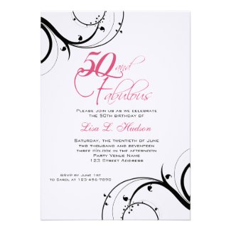 Pink Black Swirls 50th and Fabulous! Birthday Invitation