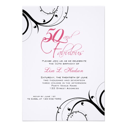 Pink Black Swirls 50th and Fabulous! Birthday Invitation (front side)