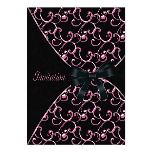 Pink Black Swirls Party Invitation Template (front side)