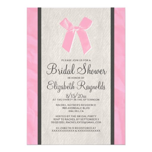 Pink Black Vintage Bow Linen Bridal Shower Invites