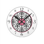 Pink Black & White Damask Elegant Round Clock