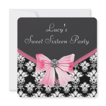 Pink Black White Damask Sweet 16 Party Personalized Invitation