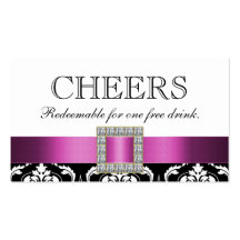 Pink Black White Damask Wedding Bar Drink Voucher Business Card