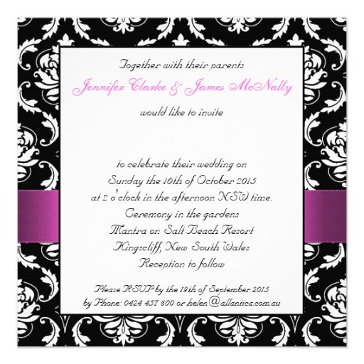 Pink Black White Damask Wedding Invitation