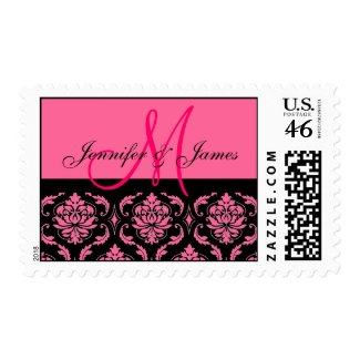 Pink Black White Damask Wedding Monogram Postage stamp