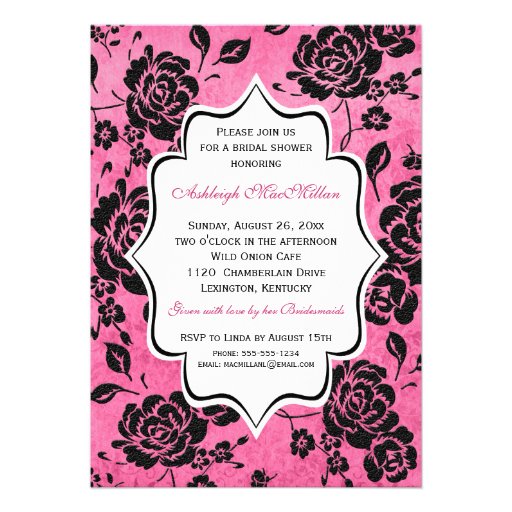 Pink Black White Floral Damask Bridal Shower Personalized Invites