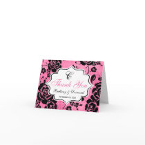 Pink Black White Floral Damask Thank You Card
