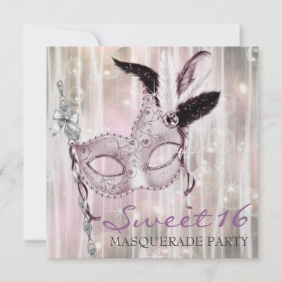 Pink Black White Sweet 16 Masquerade Party Announcements