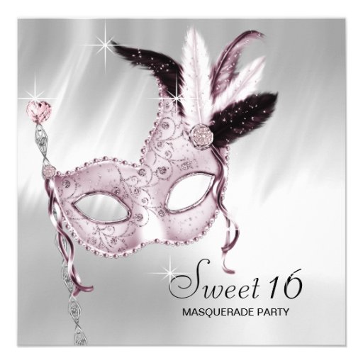Pink Black White Sweet 16 Masquerade Party Announcements