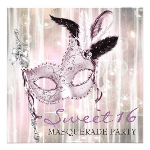 Pink Black White Sweet 16 Masquerade Party Announcements (front side)