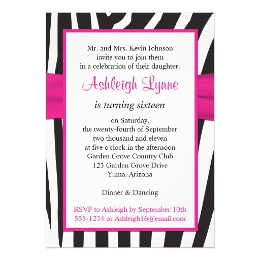 Pink, Black, White Zebra 16th Birthday Invitation