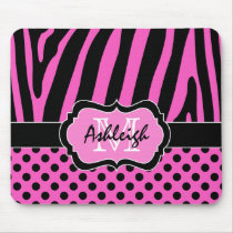 Pink, Black, White Zebra Stripe & Dots Mousepad