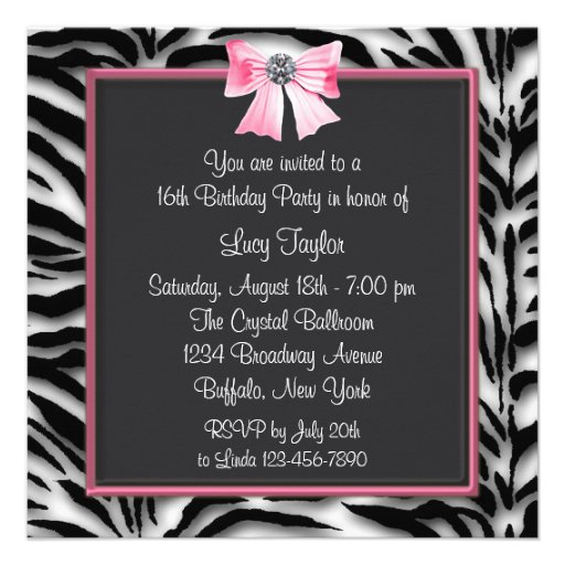 Pink Black White Zebra Sweet 16 Party Invite
