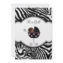 Pink Black Zebra Baby Girl Shower Invitations