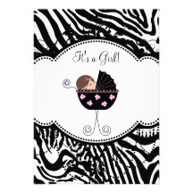 Pink Black Zebra Baby Girl Shower Invitations