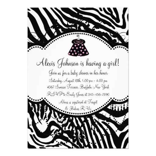 Pink Black Zebra Baby Girl Shower Invitations