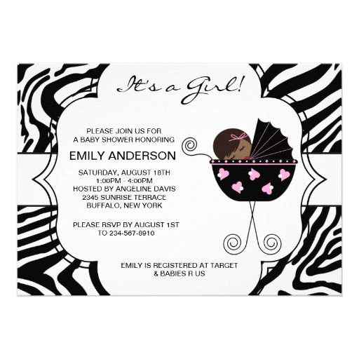 Pink Black Zebra Baby Girl Shower Invitations