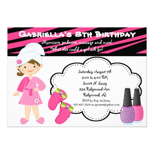 Pink & Black Zebra Girls Spa Day Invite