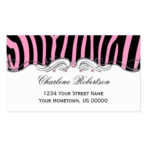 Pink Black Zebra Pink Diamonds Ornate Silver Sw Business Card (front side)