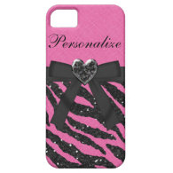 Pink &amp; Black Zebra Print Faux Glitter &amp; Bow iPhone 5 Case