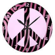 Pink and Black Zebra girly peace sign Wall Clock