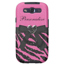 Pink & Black Zebra Printed Glitter & Bow Galaxy S3 Case