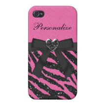 Pink & Black Zebra Printed Glitter & Bow Covers For iPhone 4