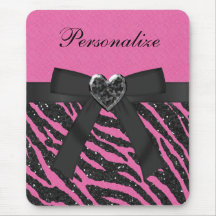 Pink & Black Zebra Printed Glitter & Bow Mouse Pad