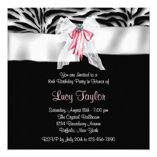 Pink Black Zebra Sweet 16 Birthday Party Personalized Invitations