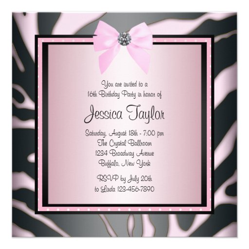 Pink Black Zebra Sweet 16 Birthday Party Custom Announcement