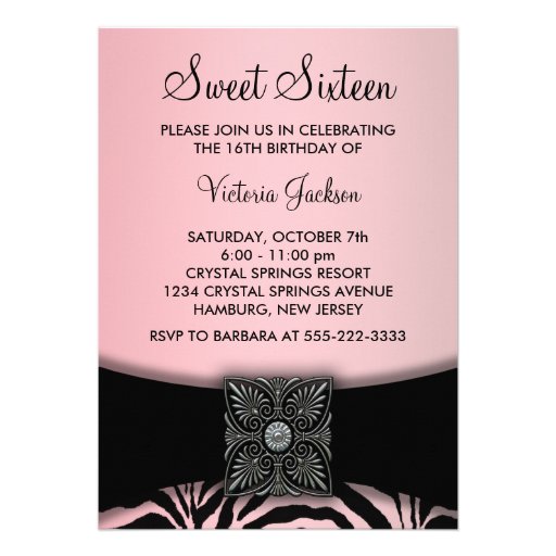 Pink Black Zebra Sweet Sixteen Party Custom Invitations