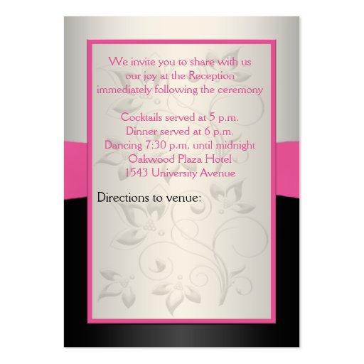 Pink, Blck, and Silver Reception Enclosure Card Business Card (back side)