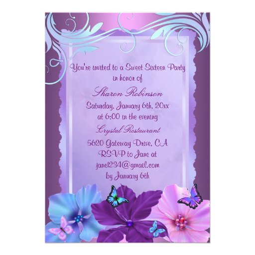 Pink & Blue Butterfly Garden Sweet 16 Invite