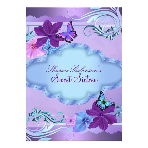 Pink & Blue Butterfly Garden Sweet 16 Invite