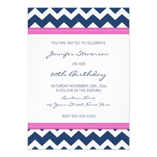Pink Blue Chevron 20th Birthday Party Invitations