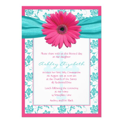 Pink Blue Daisy Damask First Communion Invitation