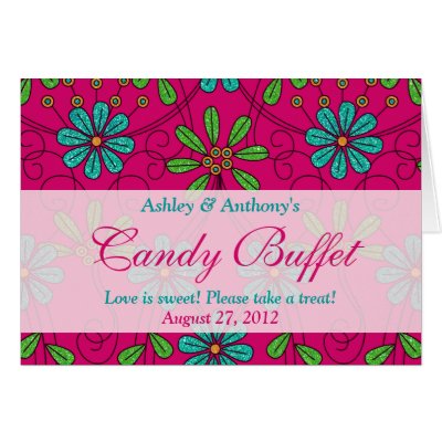 Pink Blue Daisy Floral Wedding Candy Buffet Sign Card by wasootch
