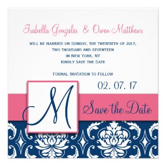 Pink Navy Blue Wedding Save the Date Cards with Damask and Monogram by MonogramGallery.ca