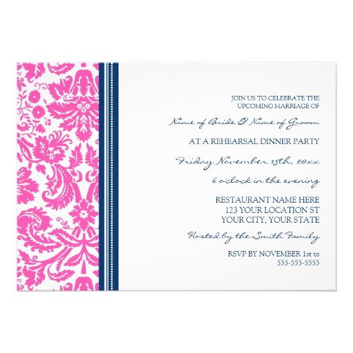 Pink Blue Damask Rehearsal Dinner Party Personalized Announcements
