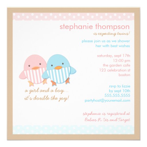 Pink & Blue Ducky Twin Boy & Girl Baby Shower Custom Announcement