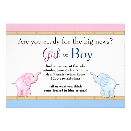 Pink Blue Elephant Gender Reveal Party Invitations