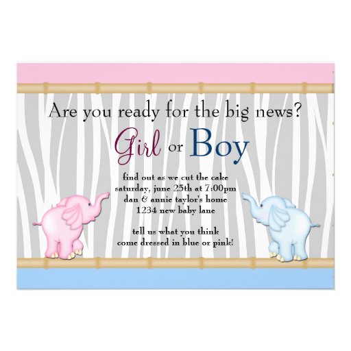 Pink Blue Elephant Gender Reveal Party Invitations