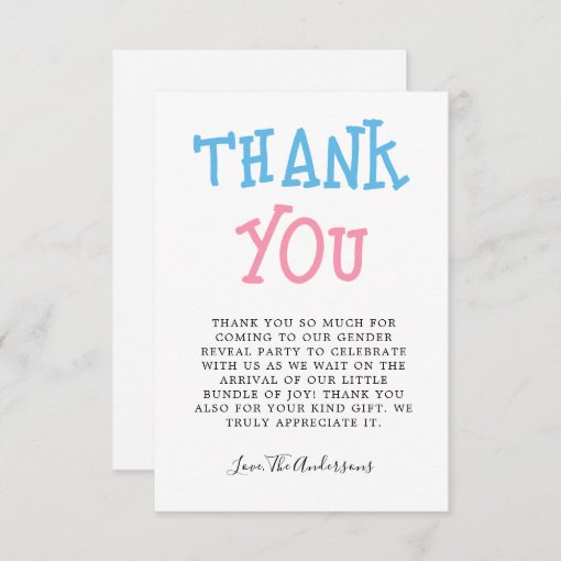 Pink Blue Gender Reveal Party Thank You Card Zazzle