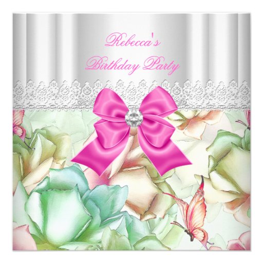 Pink Blue Green Floral Lace Birthday Party Personalized Invitations