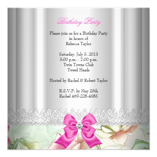 Pink Blue Green Floral Lace Birthday Party Personalized Invitations