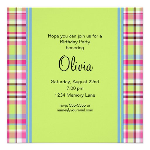 Pink Blue & Green Plaid Birthday Party Invitation