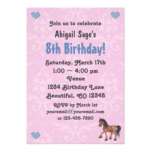 Pink & Blue Horse & Hearts Damask Birthday Invite