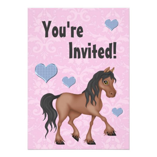 Pink & Blue Horse & Hearts Damask Birthday Invite