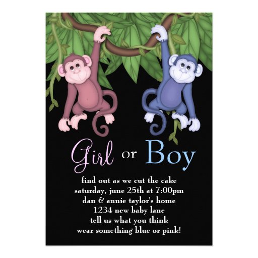 Pink Blue Monkey Gender Reveal Party Invitations (front side)